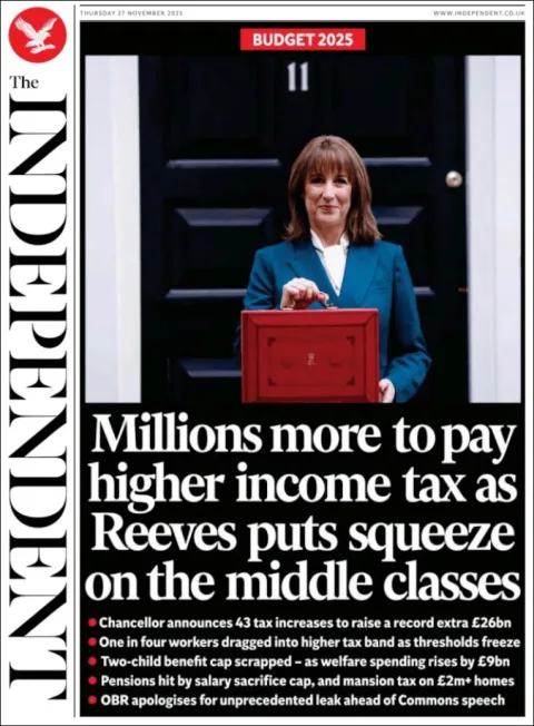 Portada de The Independent del jueves, 27 de noviembre de 2025