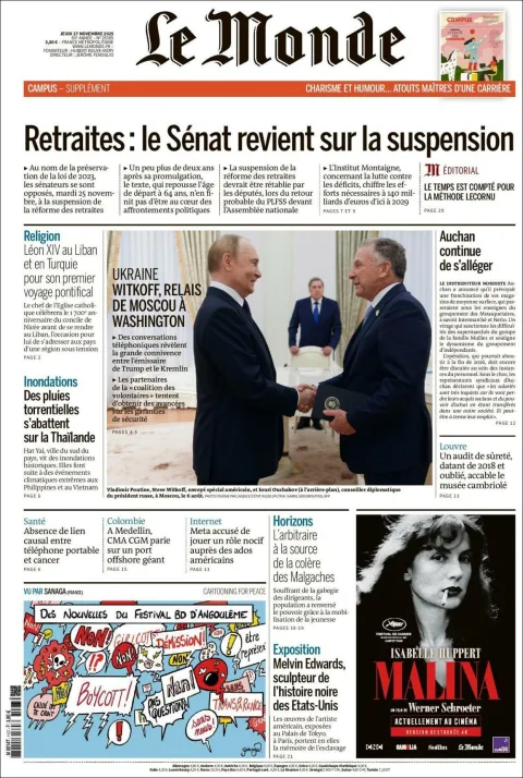 Portada de Le Monde del jueves, 27 de noviembre de 2025