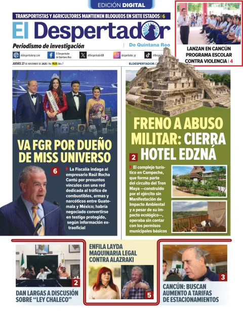 Portada de El Despertador de Quintana Roo del jueves, 27 de noviembre de 2025