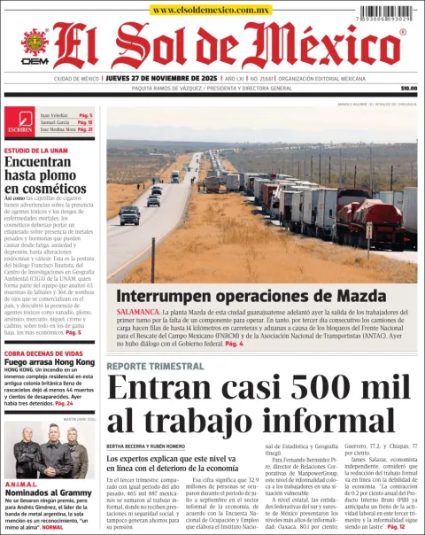 Portada de El Sol de Mexico del jueves, 27 de noviembre de 2025