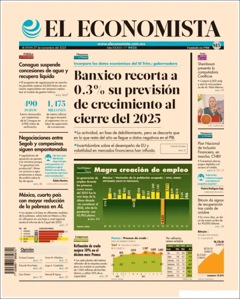 Portada de El Economista del jueves, 27 de noviembre de 2025