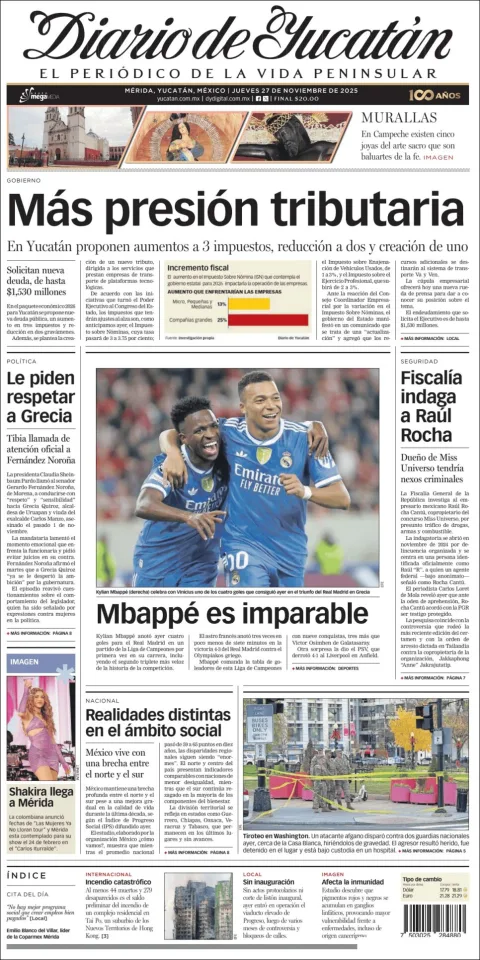 Portada de Diario de Yucatán del jueves, 27 de noviembre de 2025
