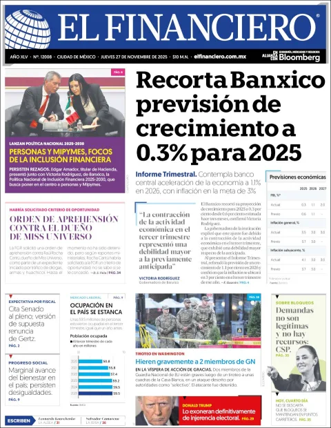Portada de El Financiero del jueves, 27 de noviembre de 2025