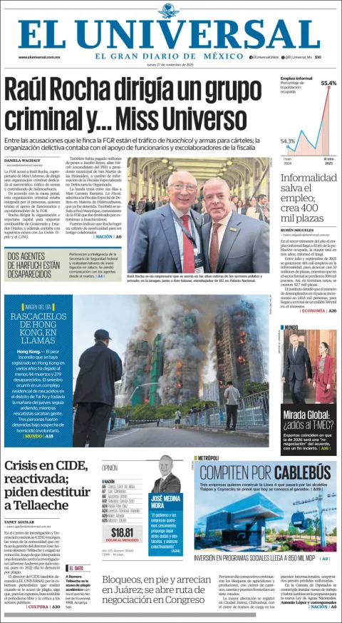 Portada de El Universal del jueves, 27 de noviembre de 2025