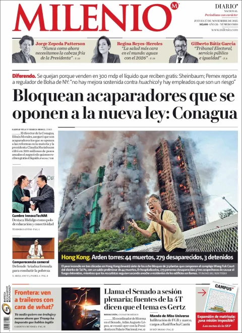 Portada de Milenio del jueves, 27 de noviembre de 2025