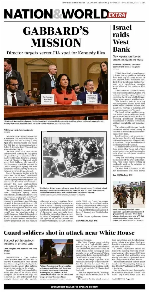 Portada de Usa Today del jueves, 27 de noviembre de 2025