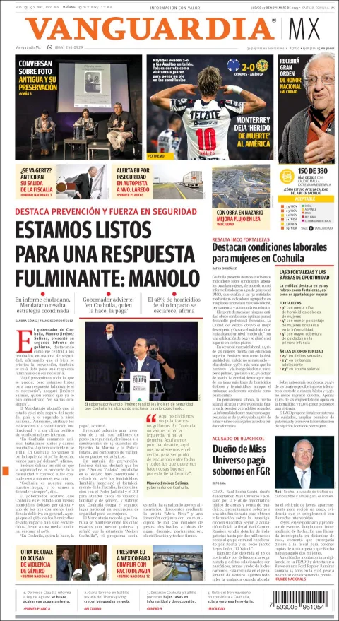 Portada de Vanguardia del jueves, 27 de noviembre de 2025