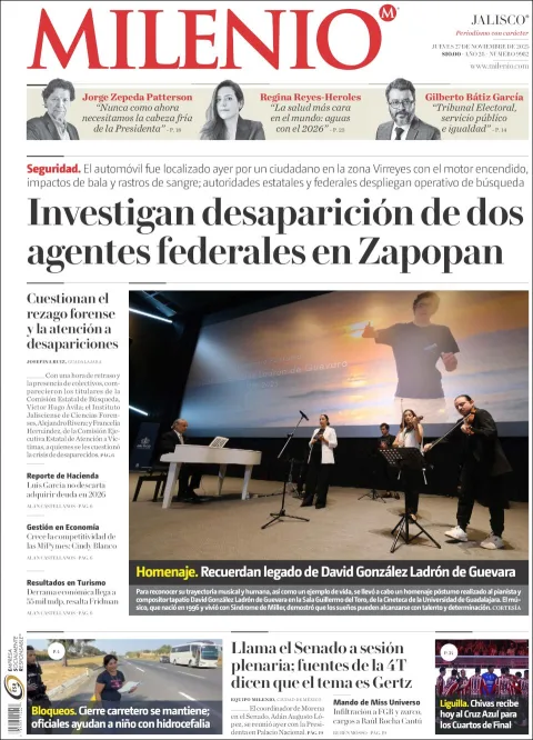 Portada de Milenio Jalisco del jueves, 27 de noviembre de 2025