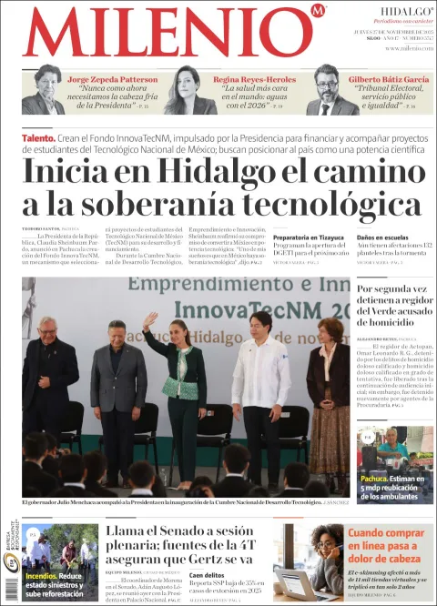 Portada de Milenio Hidalgo del jueves, 27 de noviembre de 2025