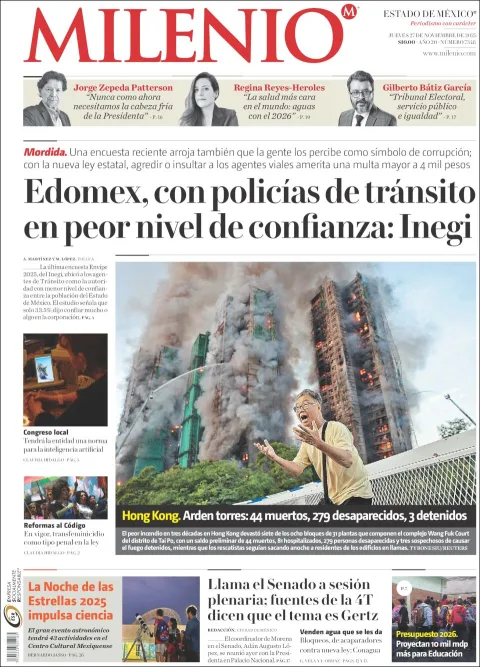 Portada de Milenio Edo de Mexico del jueves, 27 de noviembre de 2025