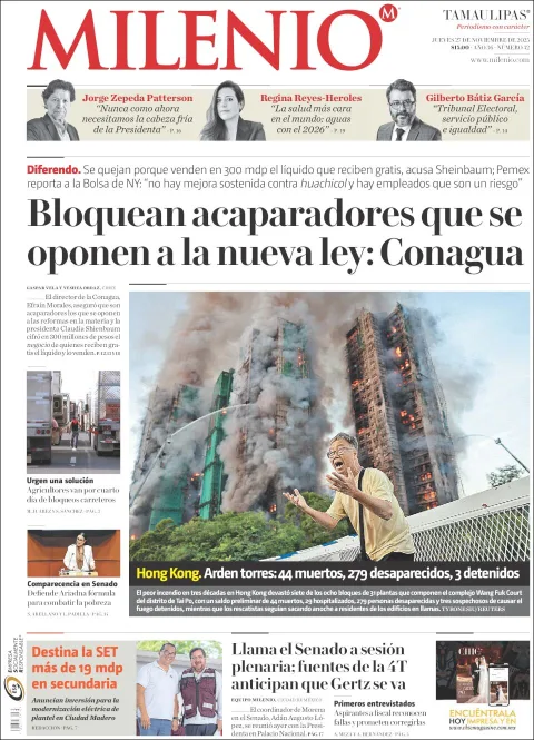 Portada de Milenio Tamaulipas del jueves, 27 de noviembre de 2025