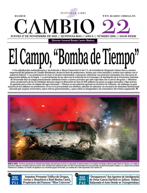 Portada de Diario Cambio 22 (portada) del jueves, 27 de noviembre de 2025