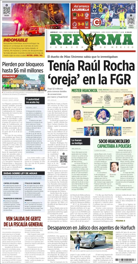 Portada de Reforma del jueves, 27 de noviembre de 2025