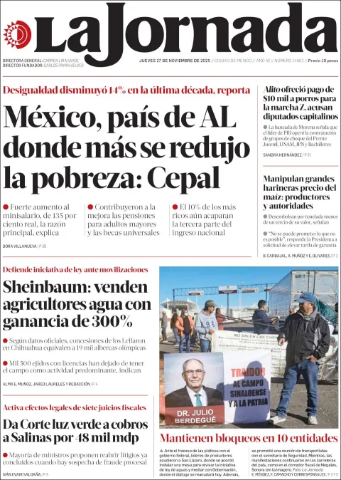 Portada de La Jornada del jueves, 27 de noviembre de 2025
