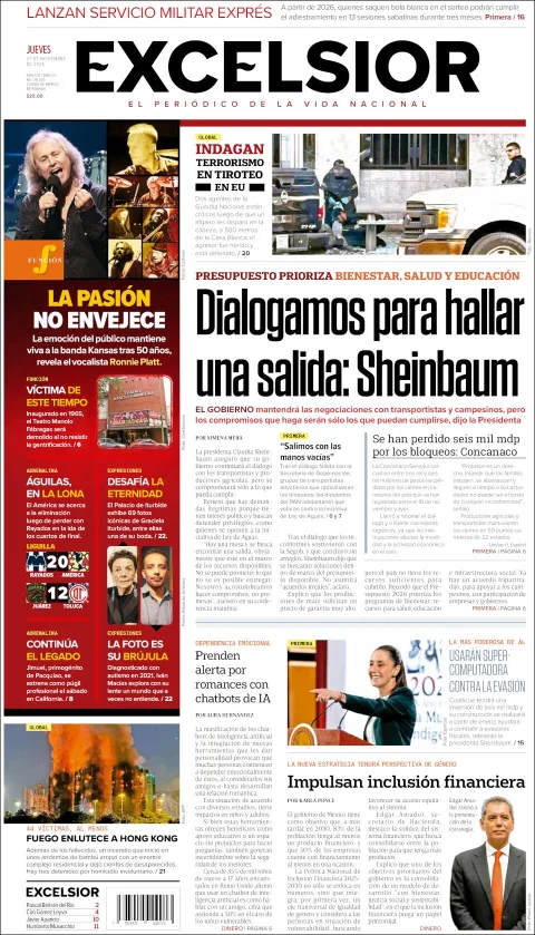 Portada de Excelsior del jueves, 27 de noviembre de 2025