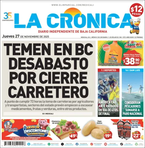 Portada de La Cronica del jueves, 27 de noviembre de 2025