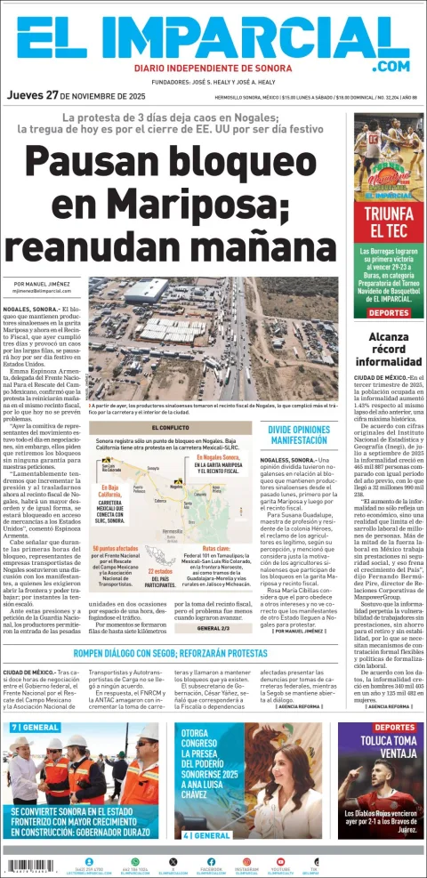 Portada de El Imparcial del jueves, 27 de noviembre de 2025