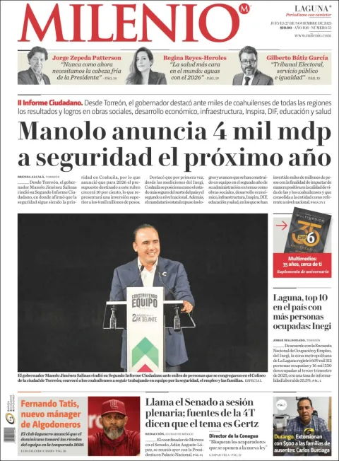 Portada de Milenio Laguna del jueves, 27 de noviembre de 2025