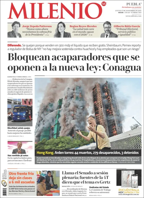 Portada de Milenio Puebla del jueves, 27 de noviembre de 2025