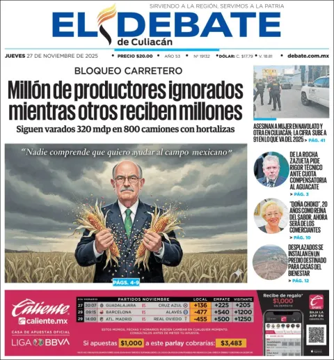 Portada de El Debate de Culiacan del jueves, 27 de noviembre de 2025