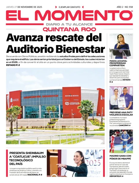 Portada de El Momento Quintana Roo del jueves, 27 de noviembre de 2025