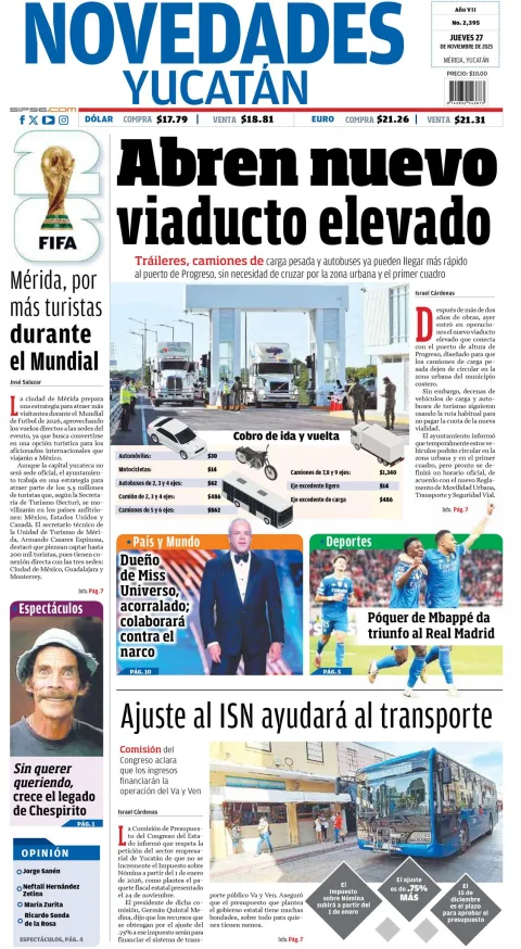 Portada de Novedades Yucatan del jueves, 27 de noviembre de 2025