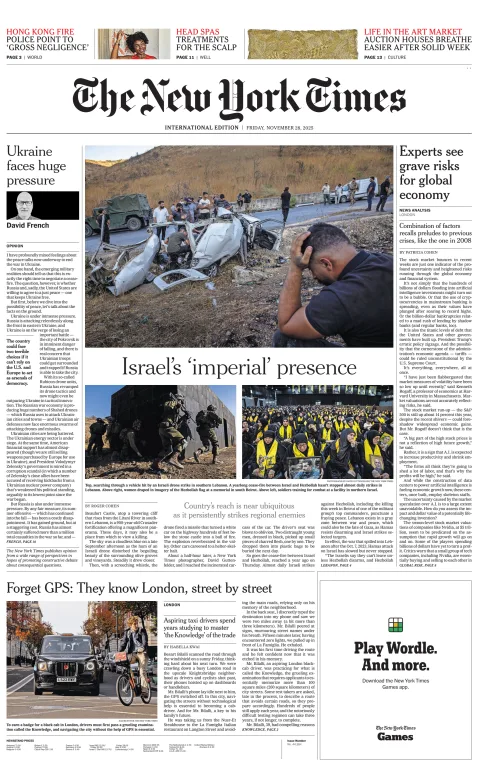 Portada de The New York Times (international) del viernes, 28 de noviembre de 2025