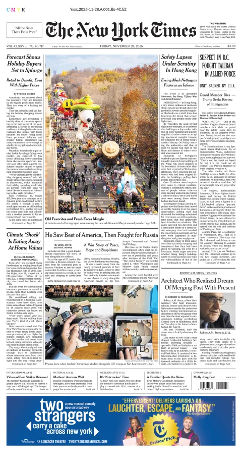 Portada de The New York Times (national) del viernes, 28 de noviembre de 2025
