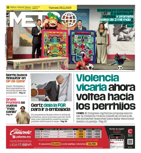 Portada de Publimetro Nacional del viernes, 28 de noviembre de 2025