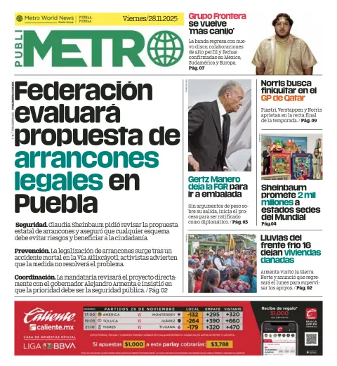 Portada de Publimetro Puebla del viernes, 28 de noviembre de 2025
