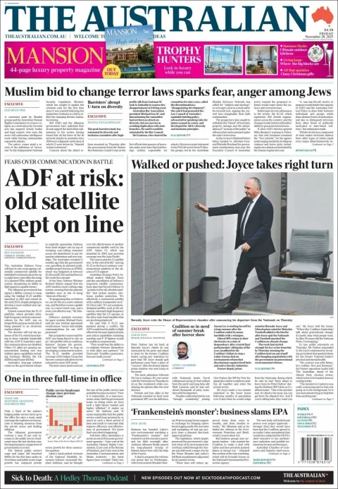 Portada de The Australian del viernes, 28 de noviembre de 2025