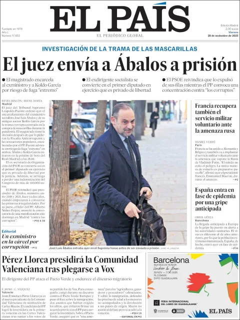 Portada de El Pais del viernes, 28 de noviembre de 2025