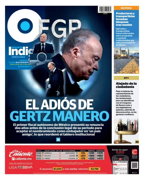 Portada de Reporte Indigo Monterrey del viernes, 28 de noviembre de 2025
