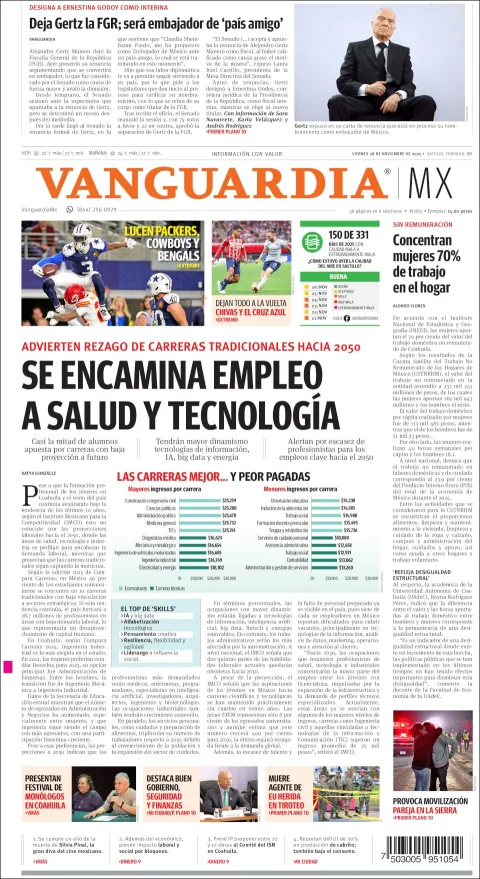 Portada de Vanguardia del viernes, 28 de noviembre de 2025