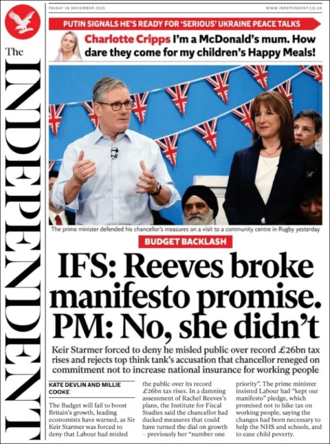 Portada de The Independent del viernes, 28 de noviembre de 2025