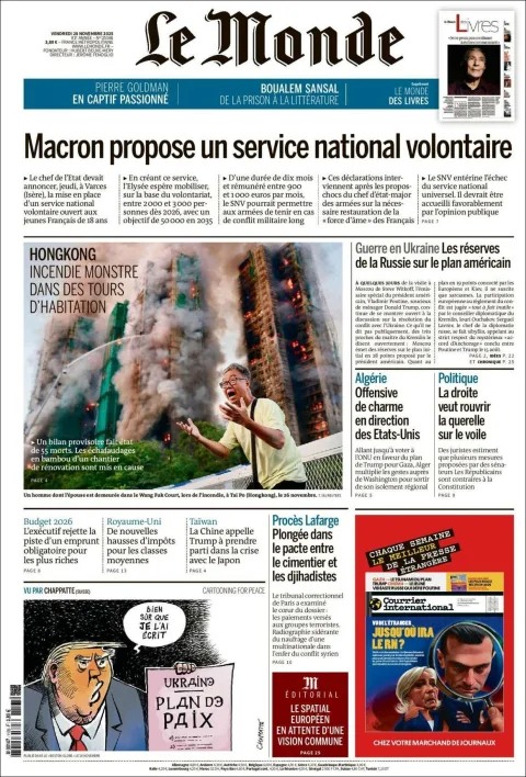 Portada de Le Monde del viernes, 28 de noviembre de 2025