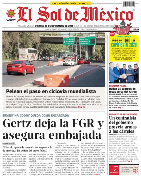 Portada de El Sol de Mexico del viernes, 28 de noviembre de 2025