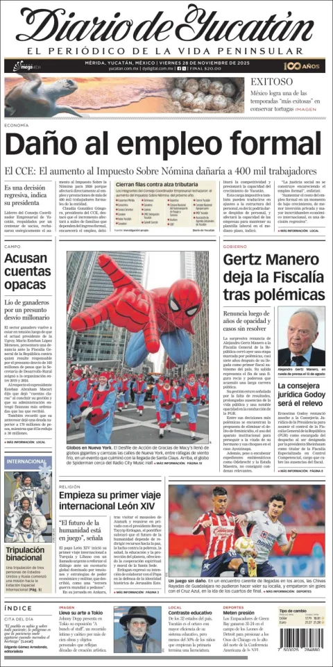 Portada de Diario de Yucatán del viernes, 28 de noviembre de 2025