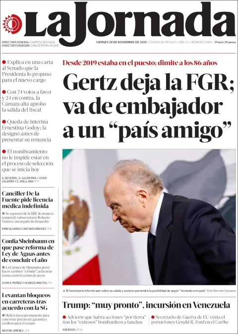 Portada de La Jornada del viernes, 28 de noviembre de 2025