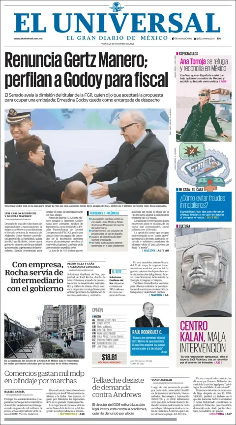 Portada de El Universal del viernes, 28 de noviembre de 2025