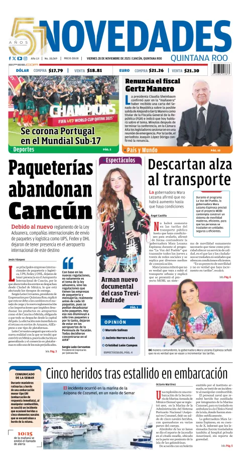 Portada de Novedades Quintana Roo del viernes, 28 de noviembre de 2025
