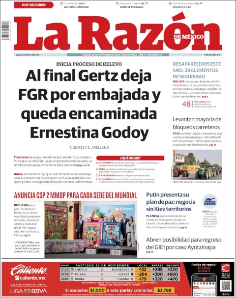 Portada de La Razon del viernes, 28 de noviembre de 2025