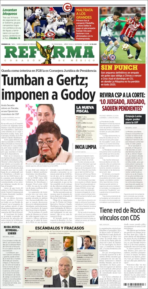 Portada de Reforma del viernes, 28 de noviembre de 2025