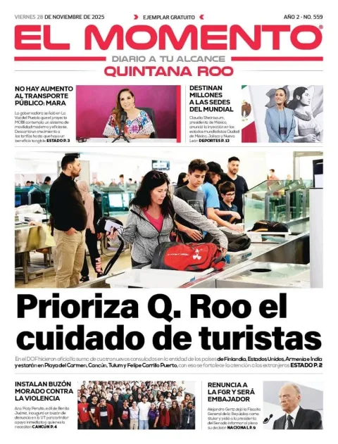 Portada de El Momento Quintana Roo del viernes, 28 de noviembre de 2025