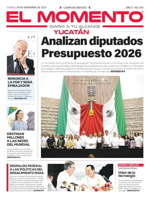 Portada de El Momento Yucatan del viernes, 28 de noviembre de 2025