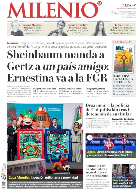 Portada de Milenio Jalisco del viernes, 28 de noviembre de 2025