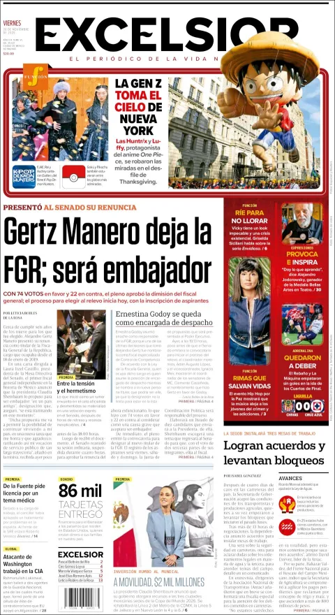 Portada de Excelsior del viernes, 28 de noviembre de 2025