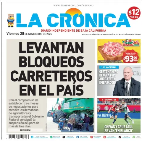 Portada de La Cronica del viernes, 28 de noviembre de 2025
