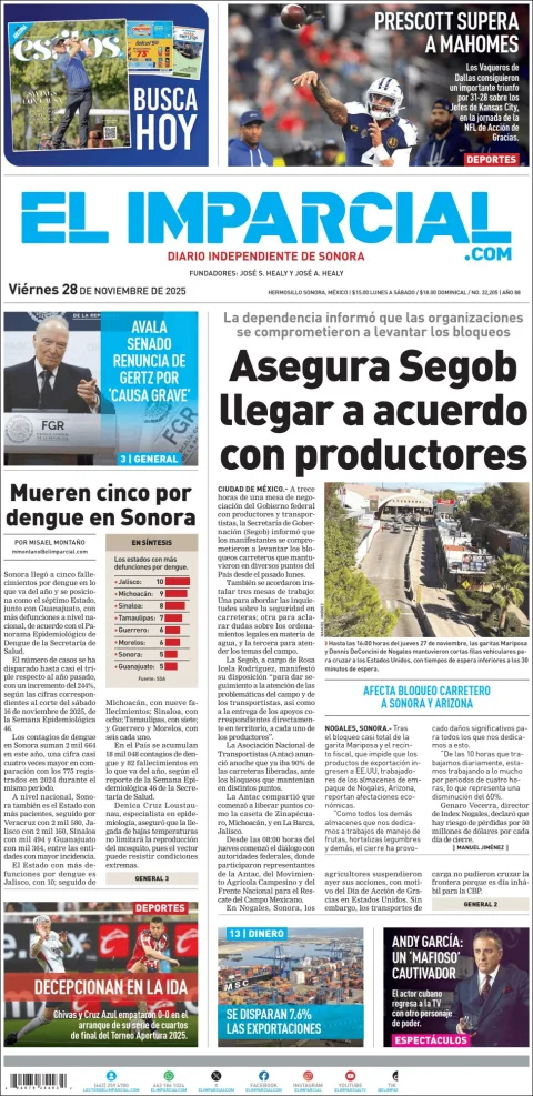 Portada de El Imparcial del viernes, 28 de noviembre de 2025