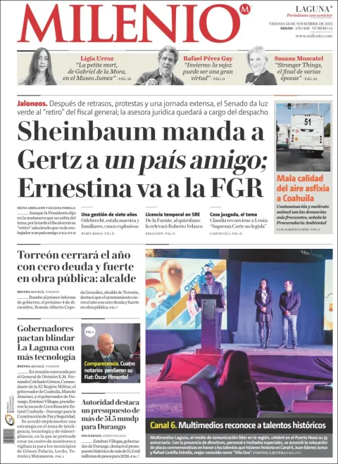 Portada de Milenio Laguna del viernes, 28 de noviembre de 2025
